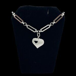Titanium Steel Double Heart Pendant Link Paperclip Bracelet - NEW